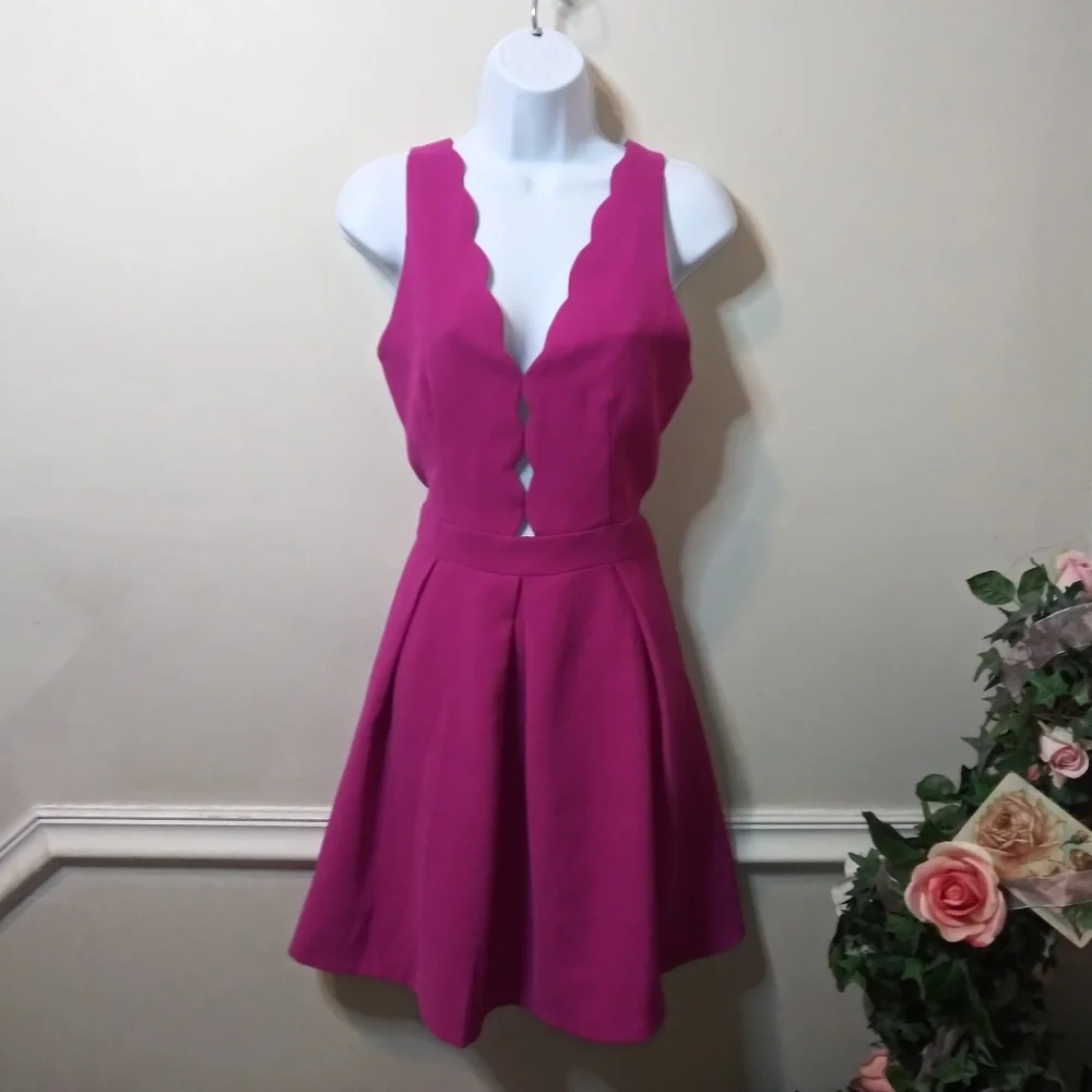 Adelyn Rae Sexy Fuschia Scalloped Peek-A-Boo Bodice Skater Style Dress - Picture 4 of 13